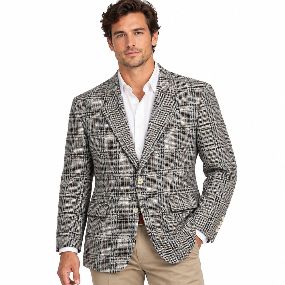 Vintage Christian Dior Monsieur 100% Silk Blazer 43R Gray Plaid Luxury Designer